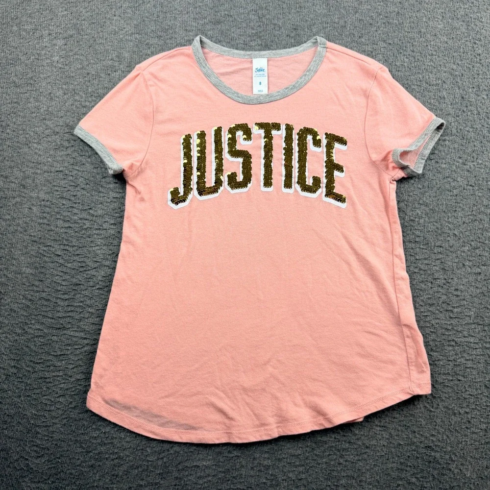 Justice Girls Size 8 Pink Flip Sequin Short Sleeve Ringer Tee‎ Shirt